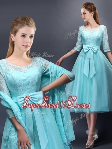 Romantic Aqua Blue Scoop Half Sleeves Dama Dress with Bowknot
