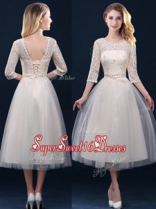 Hot Sale Laced and Applique Champagne Dama Dress in Tea Length