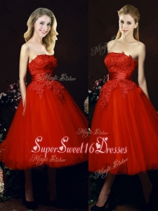 Perfect Puffy Skirt Strapless Applique Tea Length Red Dama Dress