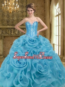 Beading and Rolling Flowers Baby Blue 2015 Military Ball Dresses
