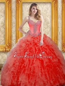 Modest Beading and Ruffles Coral Red Sweet Sixteen Dresses