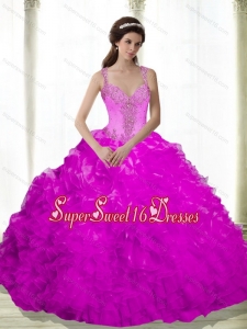 Modest Beading and Ruffles Sweetheart Fuchsia 2015 Sweet Sixteen Dresses