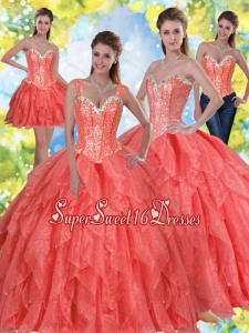 2015 Elegant Beading and Ruffles Sweet 16 Ball Gowns in Coral Red