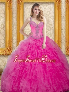 Trendy Hot Pink Sweet 16 Ball Gowns with Beading and Ruffles
