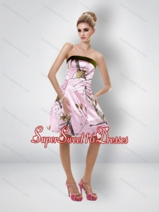 2015 Comfortable Short Strapless Baby Pink Camo Dama Dresses