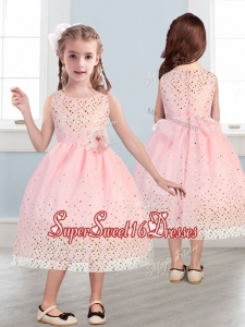 Beautiful Scoop Mini Quinceaner Dress with Hand Made Flowers and Sequins