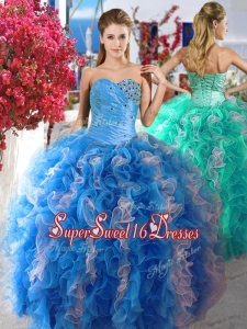 Luxurious Beaded and Ruffled Organza Cheap Sweet Sixteen Dress in Blue and White