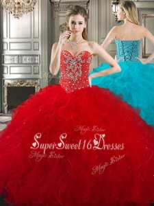 New Style Red Tulle Cheap Sweet Sixteen Dress with Beading and Ruffles