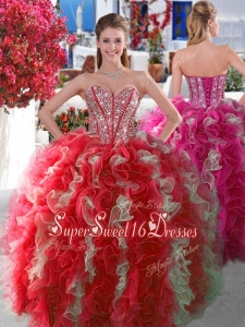Visible Boning Beaded and Ruffled Cheap Sweet Sixteen Dress in Red and White