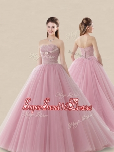 Luxurious Strapless Brush Train Perfect Sweet 16 Dress with Lace and Bowknot