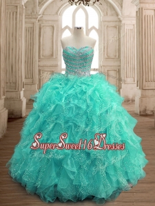 Gorgeous Beaded and Ruffled Big Puffy Sweet 16 Dress in Turquoise