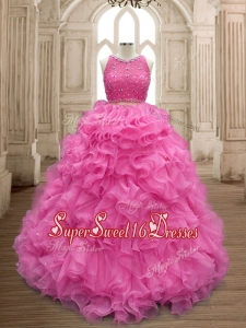 Two Piece Scoop Beaded and Ruffles Quinceanera Dress in Organza