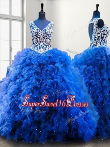 Popular V Neck Beading and Ruffles Sweet 16 Dress in Royal Blue