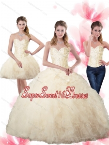 Elegant Beaded Sweetheart Champagne Sweet Fifteen Dresses with Ruffles for Summer