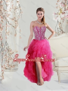 Elegant High Low Sweetheart Beaded and Ruffles 2016 Dama Dresses in Hot Pink