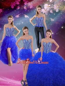 2016 Winter Perfect Sweetheart Beaded and Ruffles Royal Blue Detachable Quinceanera Dresses