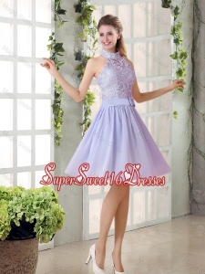 Beautiful A Line High Neck Lace Dama Dresses with Lavender
