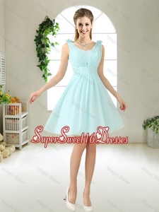 Comfortable Straps Light Blue Quinceanera Dama Dresses with Hand Made Flowers