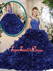 Perfect Straps Brush Train 2016 Quinceanera Gowns in Royal Blue