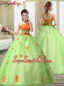2016 Latest Strapless Quinceanera Dresses with Appliques and Belt
