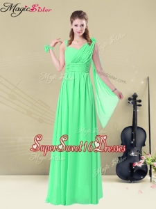 Elegant Straps Floor Length Quinceanera Dama Dresses with Ruching and Belt for Summer