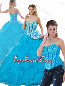 Beautiful Beading Detachable Sweet 16 Dresses in Aqua Blue