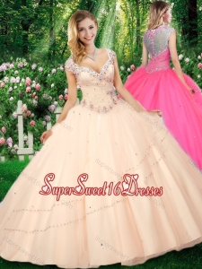 2016 Simple Ball Gown Cap Sleeves Straps Beading Quinceanera Dresses