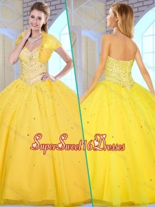 2016 Modest Ball Gown Yellow Sweet 16 Gowns with Beading