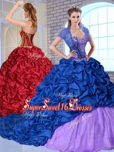2016 New Style Sweetheart Brush Train Pick Ups and Appliques Quinceanera Dresses
