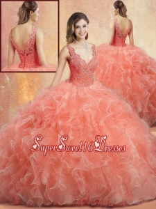 2016 Pretty V Neck Sweet 16 Gowns with Ruffles and Appliques