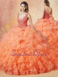 Latest V Neck Beading and Ruffles Cheap Sweet 16 Dresses with Brush Train