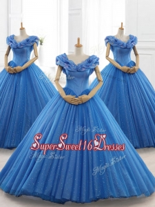 2016 Blue Off the Shoulder Long In Stock Quinceanera Dresses with Appliques