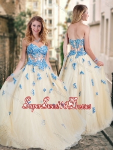 Pretty Visible Boning Tulle Champagne Dama Dresses with Blue Appliques