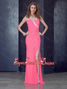 Romantic One Shoulder Pink Dama Dresses with High Slit and Beading