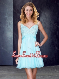 Simple Straps Backless Beaded and Applique Dama Dresses in Light Blue