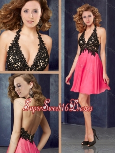 Popular Halter Top Backless Laced Dama Dress in Coral Red and Black