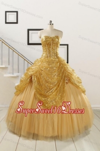 2015 Most Popular Sweetheart Sequined Quinceanera Dresses in Gold