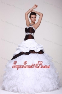White and Brown Sweetheart Appliques and Ruffles Quinceanera Dress