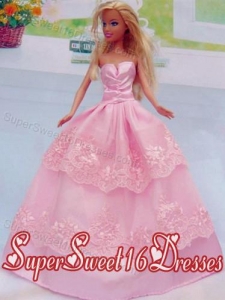 Embroidery Floor-length Rose Pink For Princess Barbie Doll Dress