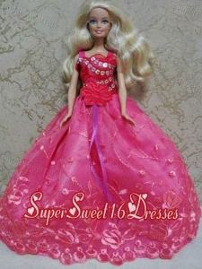 Luxurious Red Ball Gown With Hand Made Flowers and Appliques Party Clothes Fashion Dress for Noble Barbie