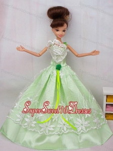 Popular Princess Apple Green Lace and hand Made Flower Party Dress For Barbie Doll