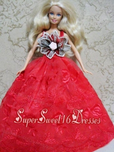 Red Embroidery Dress Handmade Gown for Barbie Doll