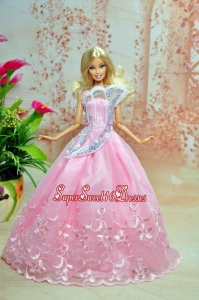 Pink Lovely Party Dress For Barbie Doll Dress With Embroidery