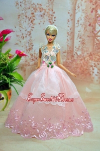 Luxurious Baby Pink Appliques With Flooe Length Wedding Dress For Barbie Doll
