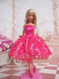 Sweet Ball Gown Hot Pink Hand Made Flowers With Tea Length Made to Fit the Barbie Doll
