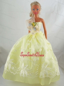 Yellow Green Beautiful Gown With Embrodery Dress For Barbie Doll