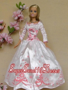 New Beautiful White Long Sleeves Handmade Wedding Party Clothes Fashion Dress for Noble Barbie