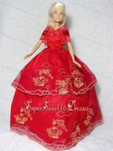 Pretty Red Gown With Embroidery Dress For Barbie Doll
