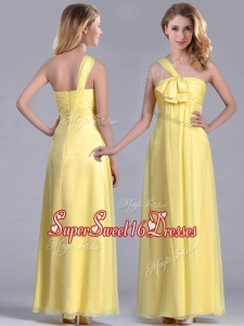 Cheap One Shoulder Chiffon Yellow Dama Dress in Ankle Length