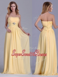 Cheap Empire Yellow Long Dama Dress with Beading and Ruching
